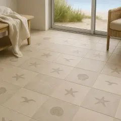 Piastrelle cucina casa al mare con disegni di stelle marine, conchiglie e gabbiani. Un tocco di vacanza per ogni stanza.