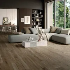 Soggiorno moderno con pavimento in gres porcellanato effetto legno. Abbinamenti eleganti con divano grigio e arredi minimalisti.