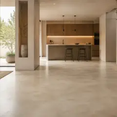 Ampio soggiorno con cucina moderna e un elegante pavimento veneziano.