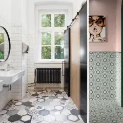 Bagni moderni con lavandini bianchi, specchi rotondi e pavimento con colorate piastrelle bagno geometriche e floreali.