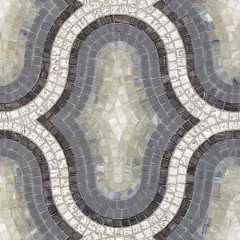 Onda fluida di mosaici Bisazza in grigio, bianco e nero, che crea un motivo geometrico elegante e moderno.