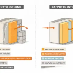 Confronto cappotto esterno e interno: schemi illustrativi per la certificazione cappotto termico, mostrando strati isolanti e muratura.