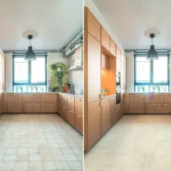 Cucina moderna con mobili in legno chiaro e pavimenti che ricordano i pavimenti anni 2000, con un tocco di design contemporaneo.