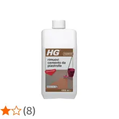 Flacone HG per rimuovere il cemento dalle piastrelle, con immagine di un secchio e scopa.