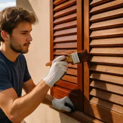 Giovane uomo con guanti bianchi applica vernice per persiane in legno con un pennello, rinnovando l'aspetto della casa.
