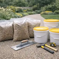 Attrezzi e sacchi di ghiaia pronti per la pulizia pavimenti esterni. Un set per un giardino impeccabile.