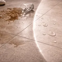 Un bicchiere rovesciato su piastrelle di gres porcellanato. L'acqua e i detriti sono ciò che rovina il gres porcellanato, ma la luce crea riflessi brillanti.