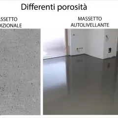 Confronto tra massetto tradizionale e massetto autolivellante, che garantisce uno spessore minimo uniforme e una finitura liscia.