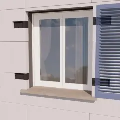 Fissaggi robusti per cappotto termico, ideali per carichi pesanti, ancorati a un muro esterno con finestra e persiana blu.