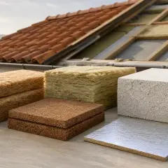 Vari materiali per l'isolamento termico del tetto, tra cui fibra di legno, lana di roccia e polistirene, pronti per migliorare l'efficienza energetica.