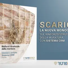 Copertina monografia "Intonaco Armato Sistema CRM" con dettaglio di muratura rinforzata. Scarica la nuova guida sul rinforzo strutturale.