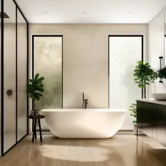 Bagno moderno con vasca freestanding e doccia a filo pavimento. Le pareti presentano diverse texture di piastrelle, offrendo molte idee piastrelle doccia.