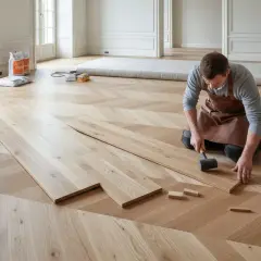 Installazione di un elegante pavimento galleggiante interno in legno, con un artigiano che posa le tavole a spina di pesce.