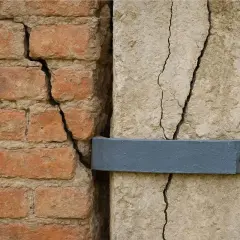 Dettaglio di muratura in mattoni e pietra con profonde crepe, evidenziando la necessità di consolidamento strutturale murature. Una fascia metallica tenta di tenere unite le parti.