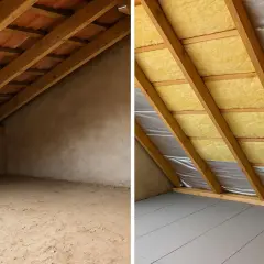 Prima e dopo: un sottotetto grezzo trasformato con coibentazione tetto, isolante giallo e pannelli grigi sul pavimento.