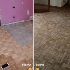 Parquet prima e dopo la levigatura: un confronto che mostra la trasformazione di un pavimento in legno, da opaco e usurato a lucido e rinnovato.