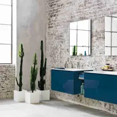 Bagno moderno con mattoni a vista, piante di cactus e mobili sospesi blu. Diversi tipi di piastrelle per un look industriale.