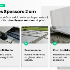 Lastre in gres 2 cm, simili a pietra di Vals, per esterni: posa flottante, a secco o tradizionale.