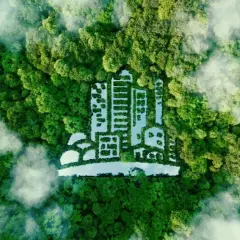 Un paesaggio verdeggiante con una città stilizzata formata da alberi e acqua, che simboleggia la riduzione dell'embodied carbon.