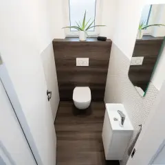 Bagno piccolo stretto con WC, lavandino bianco, specchio e pianta. Pareti con piastrelle bianche a mosaico e inserto in legno scuro.