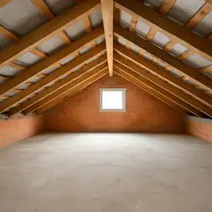 Sottotetto con tetto a vista, pareti in mattoni e un piccolo lucernario. Pronto per l'isolamento sottotetto calpestabile.