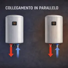 Two water heaters connected in parallel, each showing "50" on a digital display, with red and blue arrows indicating water flow.