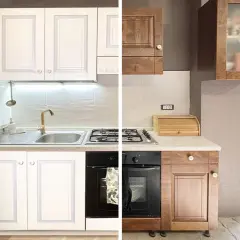 Prima e dopo: cucina con mobili bianchi e poi con mobili in legno scuro. Un progetto per verniciare cucina.