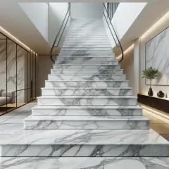 Una maestosa scala in gres porcellanato, con gradini bianchi e venature grigie, conduce verso l'alto. A sinistra, un salotto moderno separato da vetrate.