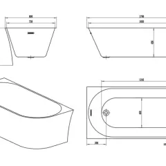Disegni tecnici di una vasca da bagno con indicazioni sulle dimensioni: lunghezza 1700 mm, larghezza 800 mm, altezza 580 mm.
