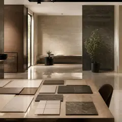 Esposizione di campioni di piastrelle prima scelta, con diverse finiture e colori, per aiutarti a scegliere il tuo stile.