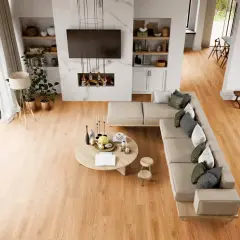 Soggiorno moderno con divano angolare, tavolino rotondo e camino. Il calore del legno dei pavimenti LVT crea un'atmosfera accogliente.