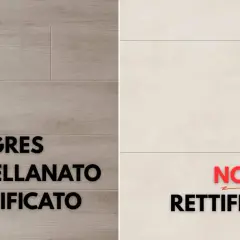 Gres porcellanato rettificato vs. non rettificato. Le piastrelle seconda scelta con difetti possono presentare variazioni.