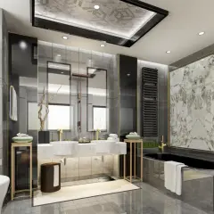 Bagno elegante e raffinato con vasca nera, doppio lavabo, specchi e finiture dorate.
