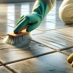 Mano con guanto verde che pulisce le fughe del pavimento con una spazzola e detergente.