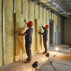 Operai installano isolamento in lana di roccia, respirando polvere. Lavorano su pareti metalliche in un cantiere.