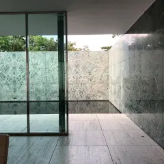 Pavimenti in travertino pro e contro: un'elegante terrazza con pareti in marmo verde e un piccolo specchio d'acqua.