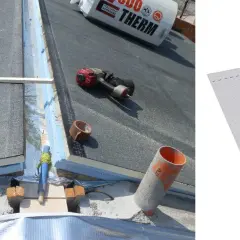 Installazione di una barriera al vapore su un tetto, con rotolo di materiale isolante pronto all'uso.