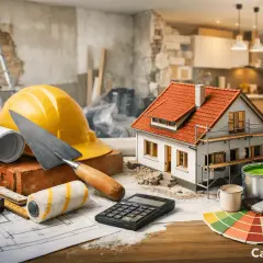 Progetto casa: calcolo del tetto coibentato prezzo al mq. Strumenti da cantiere, modello di casa e campioni di colore.