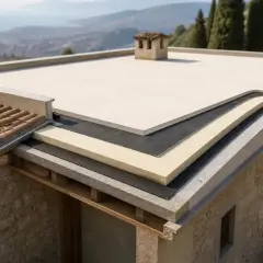 Strati di materiali isolanti per un tetto a falda piana, con vista panoramica su una costa.