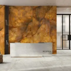 Lobby moderno con reception e parete in pietra retroilluminata. Le piastrelle grandi formati opinioni sono eccellenti per un look di lusso.