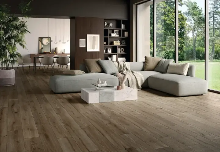 Soggiorno moderno con pavimento in gres porcellanato effetto legno. Abbinamenti eleganti con divano grigio e arredi minimalisti.