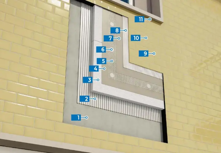 Struttura a strati di una facciata ventilata, con il gfrp materiale che garantisce resistenza e durabilità.