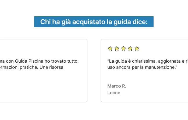 Recensioni sulla guida: "Una risorsa indispensabile per la manutenzione della piscina." e "La uso ancora per la manutenzione.