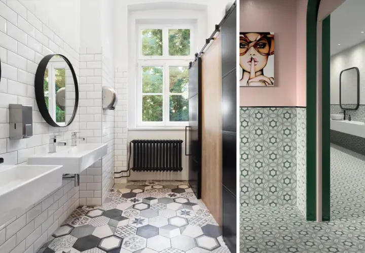 Bagni moderni con lavandini bianchi, specchi rotondi e pavimento con colorate piastrelle bagno geometriche e floreali.
