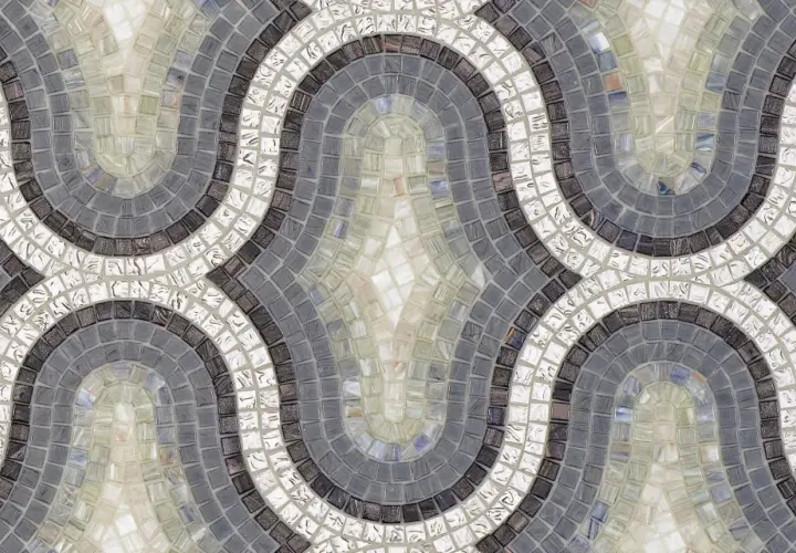Onda fluida di mosaici Bisazza in grigio, bianco e nero, che crea un motivo geometrico elegante e moderno.