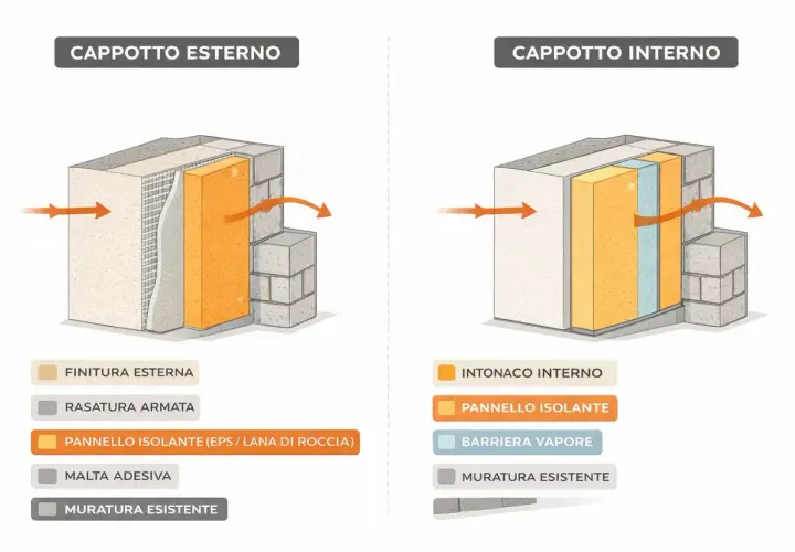 Confronto cappotto esterno e interno: schemi illustrativi per la certificazione cappotto termico, mostrando strati isolanti e muratura.