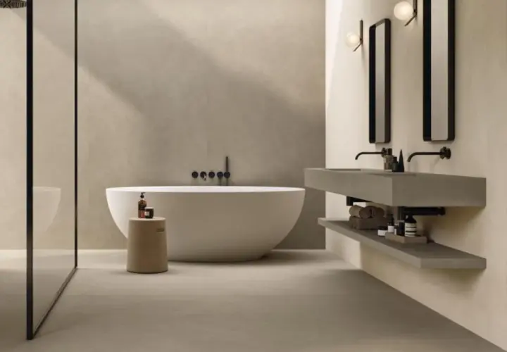 Bagno moderno con vasca freestanding, doccia a vista e doppio lavabo sospeso. La posa del rivestimento bagno crea un'atmosfera rilassante.