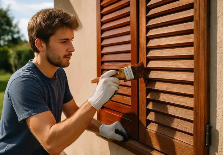 Giovane uomo con guanti bianchi applica vernice per persiane in legno con un pennello, rinnovando l'aspetto della casa.