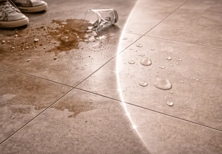 Un bicchiere rovesciato su piastrelle di gres porcellanato. L'acqua e i detriti sono ciò che rovina il gres porcellanato, ma la luce crea riflessi brillanti.