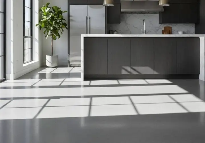 Luminoso soggiorno con pavimenti e rivestimenti in resina chiara, illuminato da un sole che crea ombre geometriche.